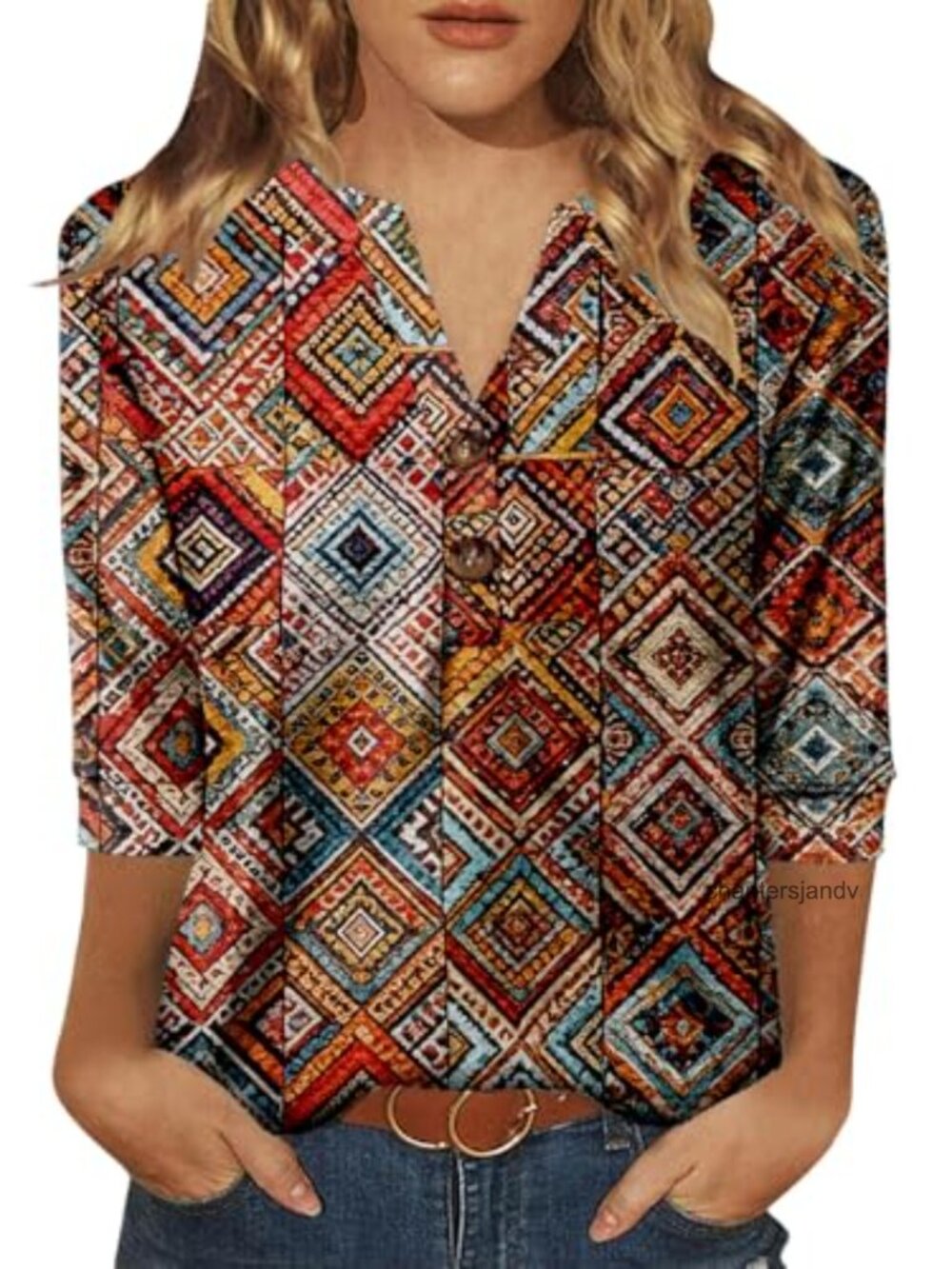 Womens 3/4 Sleeve V Neck Button Down Loose Fit Tee Shirt